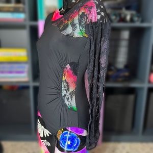 NWOT Natalie Adult long sleeve leotard with lace inserts XL Black